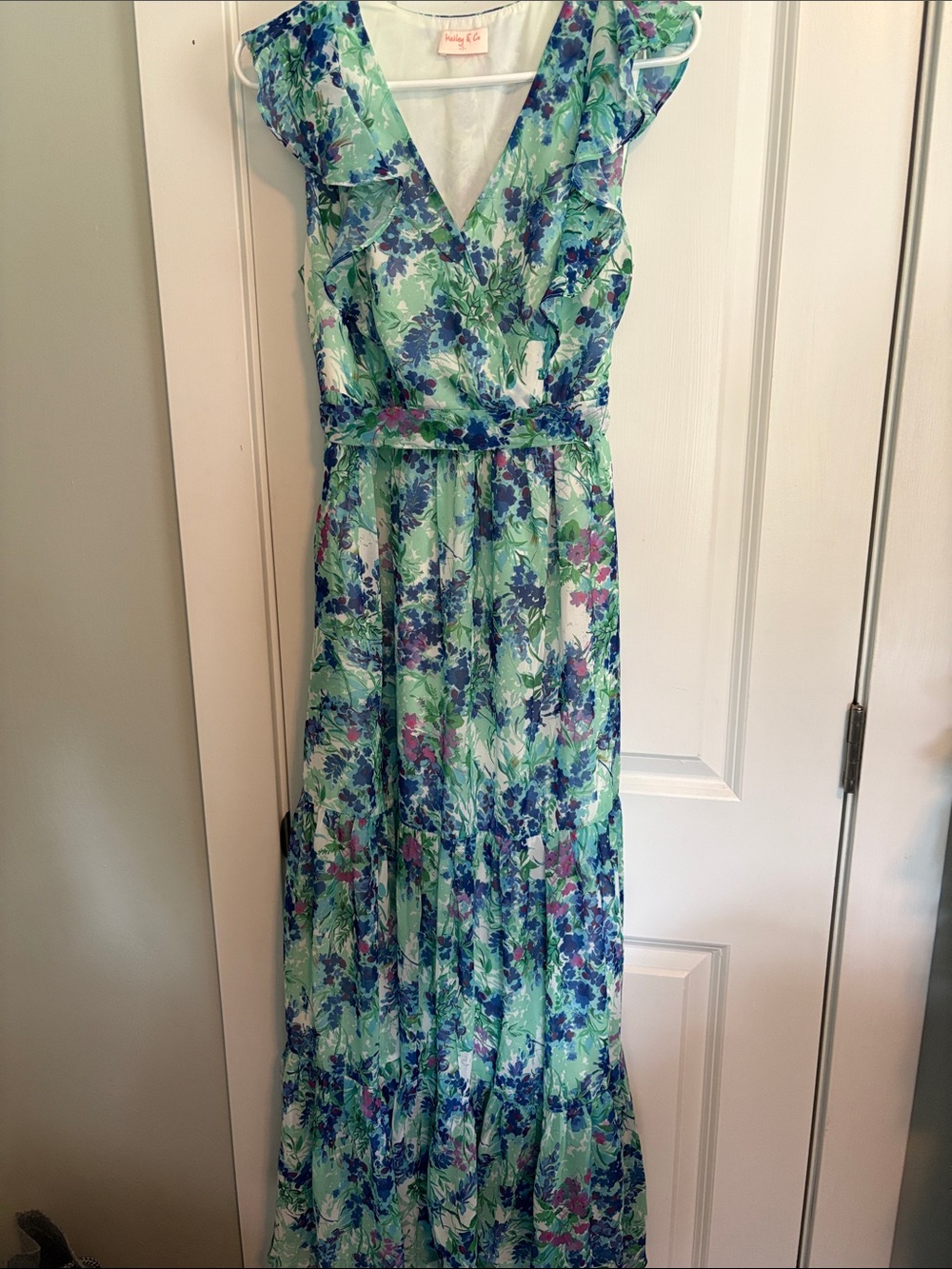 Hailey & Co Floral V-Neck Maxi Dress in Mint and Blue